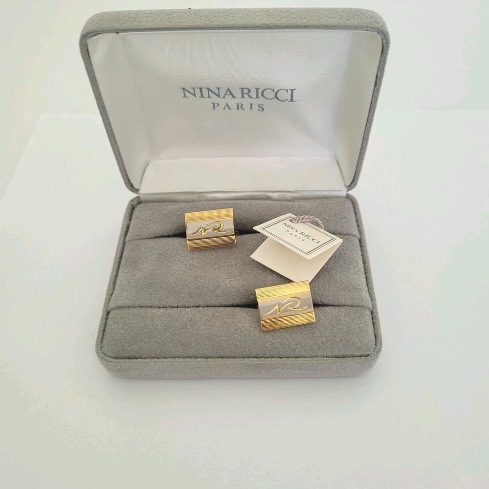 Nina Ricci NR French Cufflinks Set Gold Silver Tone Logo Rectangle Box New Retro